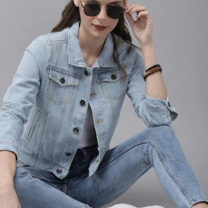 Women Blue Washed Cropped Trucker Jacket